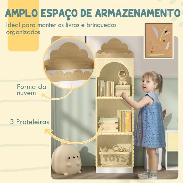 Estante para Livros Infantil de 3 Niveis Estante de Livros para Escola Infantil Dormitório 40x30x139,5 cm Branco e Madeira