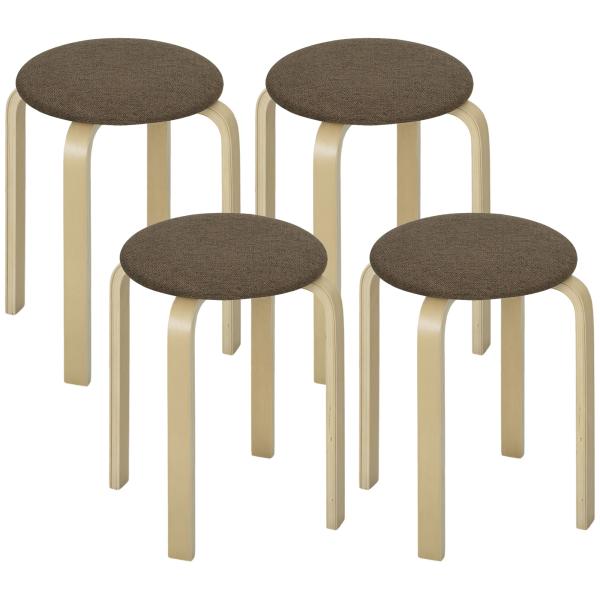 Conjunto de 4 Bancos Empilháveis Redondos Bancos Baixos de Cozinha com Assento Acolchoado Ø40x45 cm Marrom e Madeira
