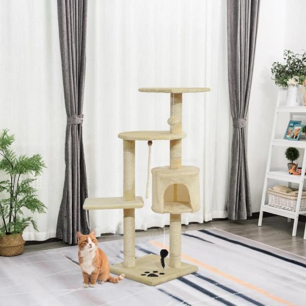Árvore Arranhador para Gatos com 4 Níveis Poste de Sisal Caverna Plataformas e Brinquedos Divertidos 75x40x112 cm Bege