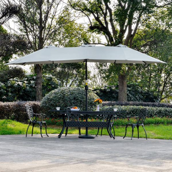 Chapéu de Sol Duplo de Jardim com 48 Luzes LED Solar 450x265x240cm com Manivela Proteção Solar para Terraço Cinza Claro