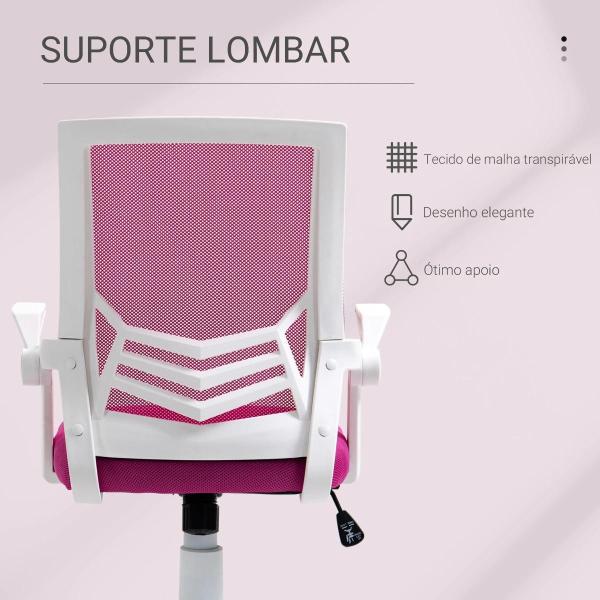 Cadeira de Escritório Ergonômica Giratória com Altura Ajustável Apoio para os Braços Dobrável Suporte Lombar e Encosto Transpirável 62,5x55x94 - 104cm Rosa
