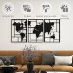 Decoração de Parede em Metal com Mapa Múndi Conjunto de 3 Peças Quadros de Parede Metálicos Preto