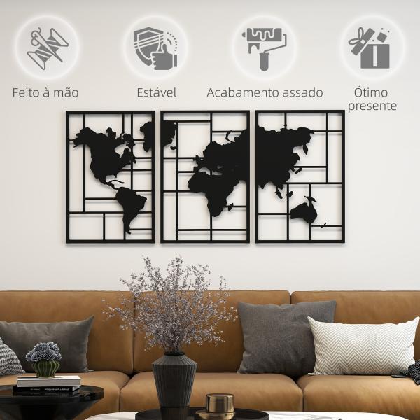 Decoração de Parede em Metal com Mapa Múndi Conjunto de 3 Peças Quadros de Parede Metálicos Preto