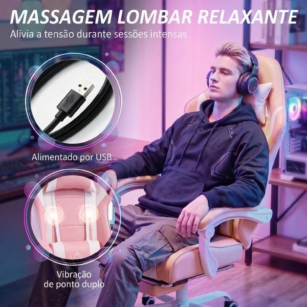 Cadeira Gaming Reclinável 155° com Suporte Lombar com Massagem Apoio de Cabeça e Apoio para os Pés 63x66x126 - 134 cm Rosa