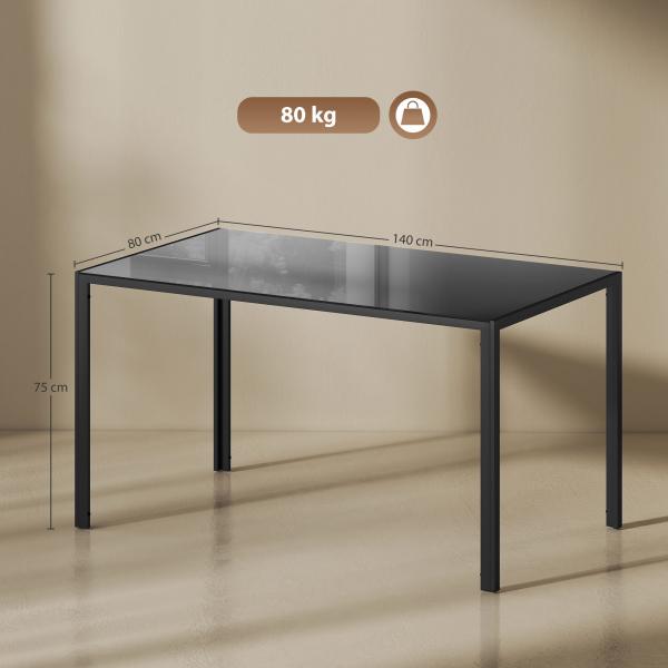 Mesa de Refeição de Vidro Mesa Retangular para 6 Pessoas com Pés de Metal 140x80x75 cm Preto