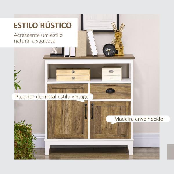 Aparador Sala de Estar com 2 Portas Gaveta e Prateleira Ajustável para Sala de Jantar Cozinha Dormitório 76,6x35x81,5 cm Branco e Madeira Envelhecida