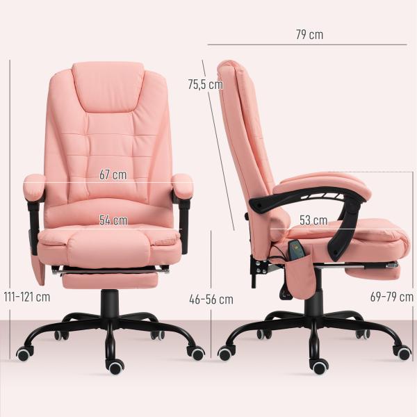 Cadeira de Massagem com 7 Pontos de Massagem Reclinável com Apoio para os Pés e Controlo Remoto 67x67x111 - 121 cm Rosa