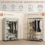Roupeiro de Tecido Dobrável com 6 Prateleiras 1 Barra de Pendurar e Rodas para Dormitório Vestidor 103x43x162,5 cm Creme
