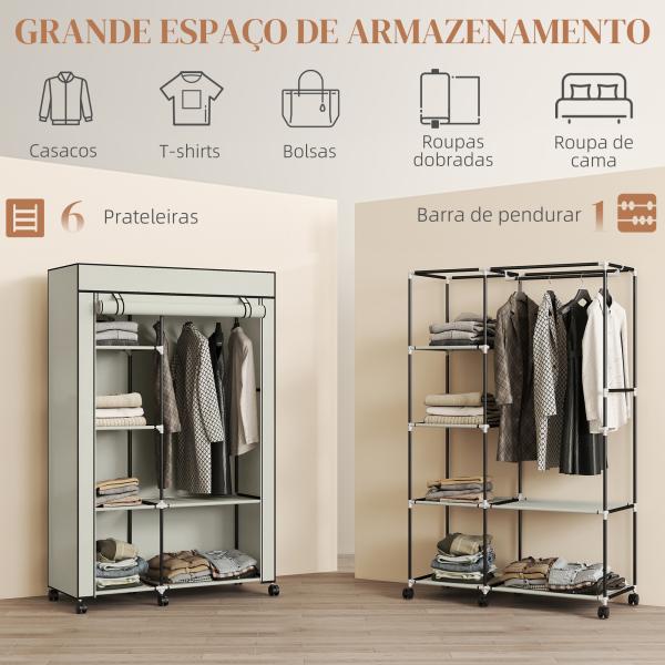 Roupeiro de Tecido Dobrável com 6 Prateleiras 1 Barra de Pendurar e Rodas para Dormitório Vestidor 103x43x162,5 cm Creme