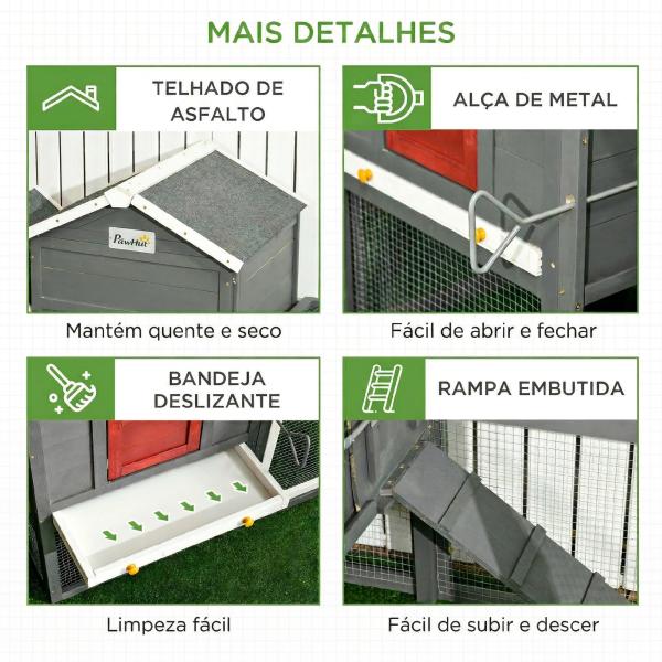 Galinheiro Grande de Madeira 300x66x116 cm com Ninho, Corredor Bandeja Removível Telhado Asfáltico Rampa 297,5x68x118 cm Branco e Cinza