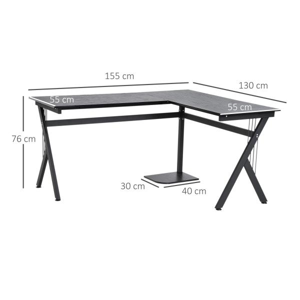 Secretária para PC Computador Secretária de canto angular para escritório 155x130x76cm Madeira preta