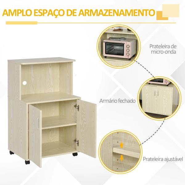 Armário Auxiliar para Microondas Armário de Cozinha Baixo com Armário de 2 Portas e Prateleira Ajustável com Rodas Carga 70 kg 60,4x40,3x97cm Carvalho