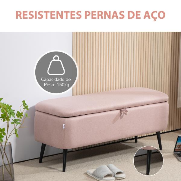 Banco de Armazenamento Estofado em Linho com Tampa Abatível e Pés de Aço Carga Máxima 150kg 101x38,5x44,5 cm Rosa