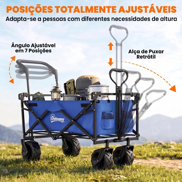 Carrinho de Transporte Dobrável para Praia Campismo Viajem com Toldo Guiador Rodas Altura Ajustável 117x55x98 cm Azul
