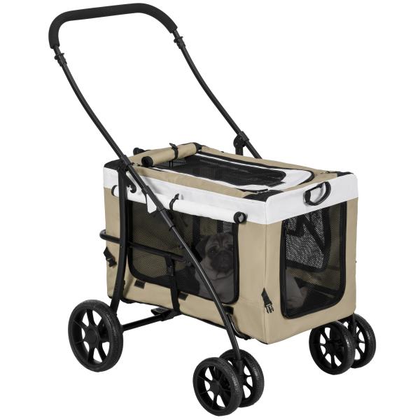 Carrinho para Animais de Estimação Carrinho para Cães Dobrável com Compartimento Desmontável 4 Portas 81x58x97,5 cm Cáqui