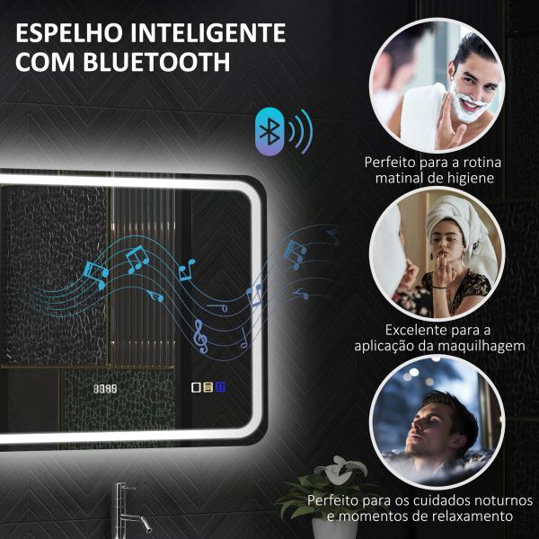 Espelho de Casa de Banho com Luz LED 70x50 cm Bluetooth 3 Cores de Luz Relógio Digital Função Antiembaciamento Memória Prata
