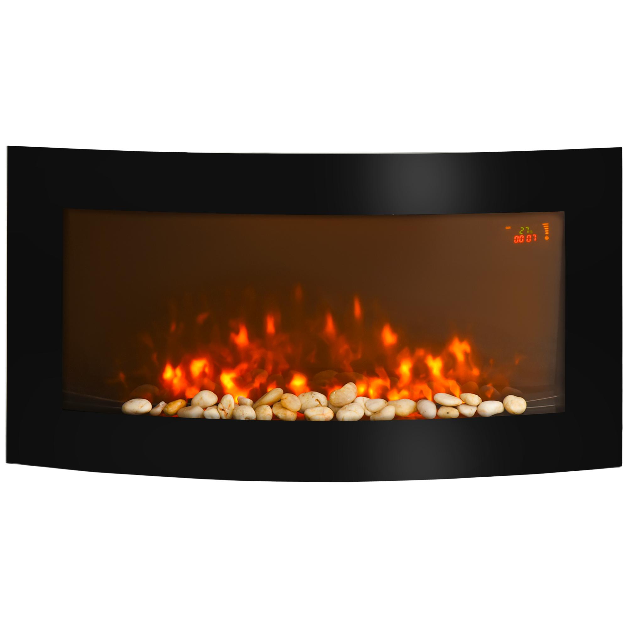 Lareira Elétrica de Parede com Efeito de Chama Realista Luzes LED e Potência Ajustável 1000W/2000W 89,2x13,5x48cm Preto