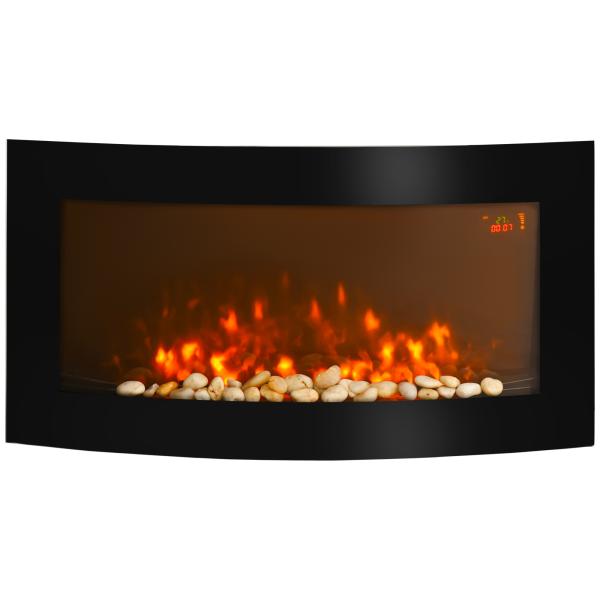 Lareira Elétrica de Parede com Efeito de Chama Realista Luzes LED e Potência Ajustável 1000W/2000W 89,2x13,5x48cm Preto