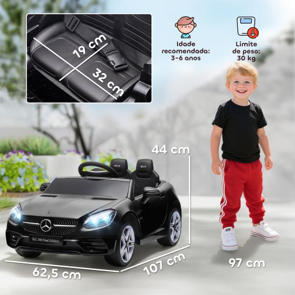 Carro Elétrico Mercedes SLC 300 12V com Controlo Remoto Faróis LED Música TF USB e Abertura da Porta 3 - 5km/h 107x62,5x44 cm Preto