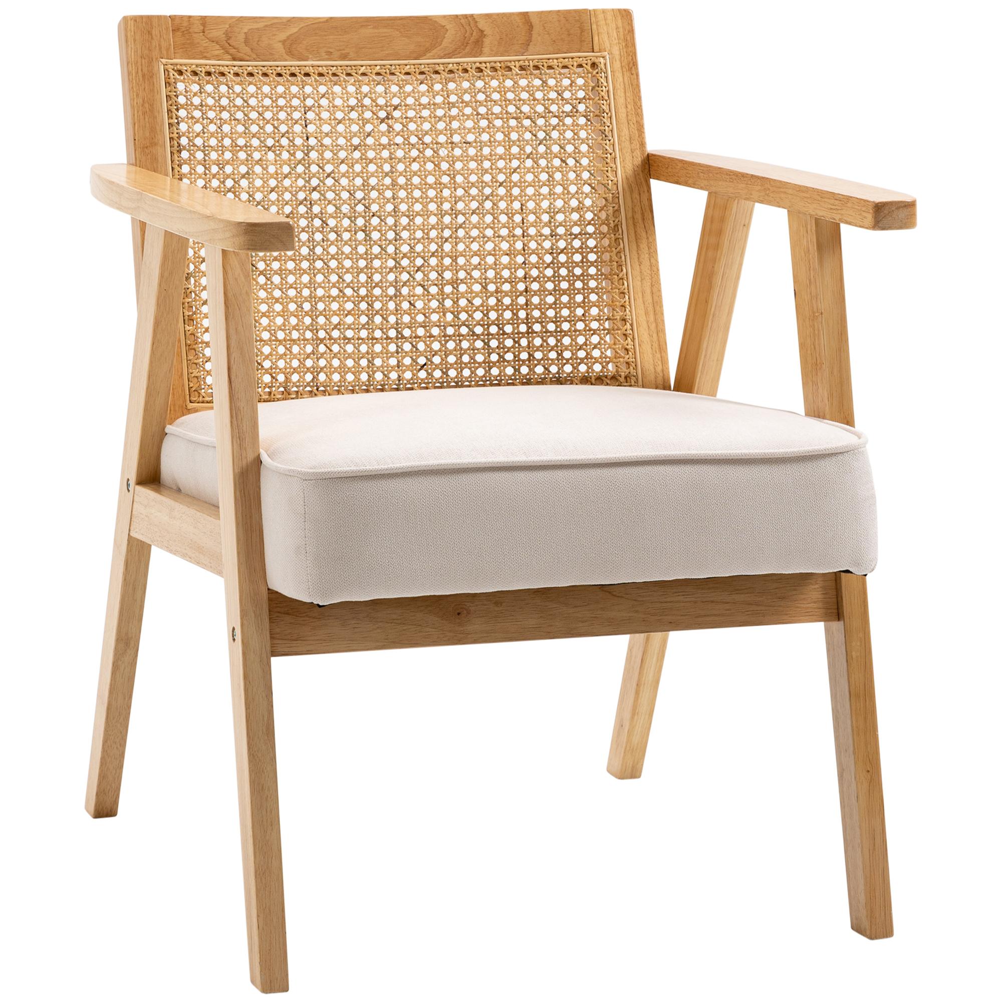 Cadeira de Sala de Estar com Encosto em Vime e Estrutura de Madeira de Borracha 63x69x78 cm Madeira e Bege