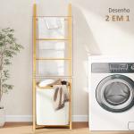 Estante para Casa de Banho de Bambu com 3 Barras e Cesto para Roupa Suja Removível de 48 L 43x35x133 cm Creme e Madeira