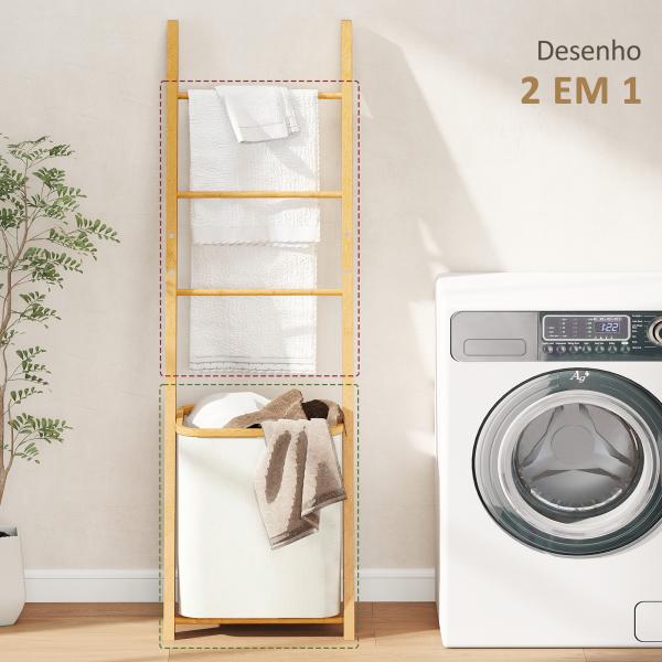 Estante para Casa de Banho de Bambu com 3 Barras e Cesto para Roupa Suja Removível de 48 L 43x35x133 cm Creme e Madeira