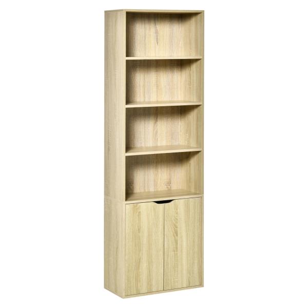 Estante para Livros com 4 Compartimentos Abertos e 1 Armário com 2 Prateleiras Armazenamento Livros Plantas para Sala de Estar Escritório 59x29x180cm Natural