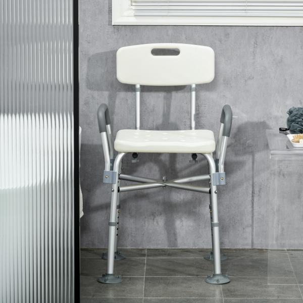 Cadeira de Duche para Idosos com Encosto Apoios de Braço Altura Ajustável Almofada Acolchoada Removível 53,5x52x80 - 90 cm Branco