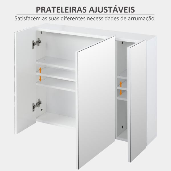 Armário de Casa de Banho com 3 Portas com Espelho Armário de Parede com Prateleiras Internas Ajustáveis 70x15x60 cm Branco