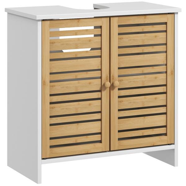 Móvel para Lavatório Móvel Sob Lavatório Moderno com Portas Magnéticas de Bambu e Estante Ajustável 60x30x60 cm Branco e Madeira