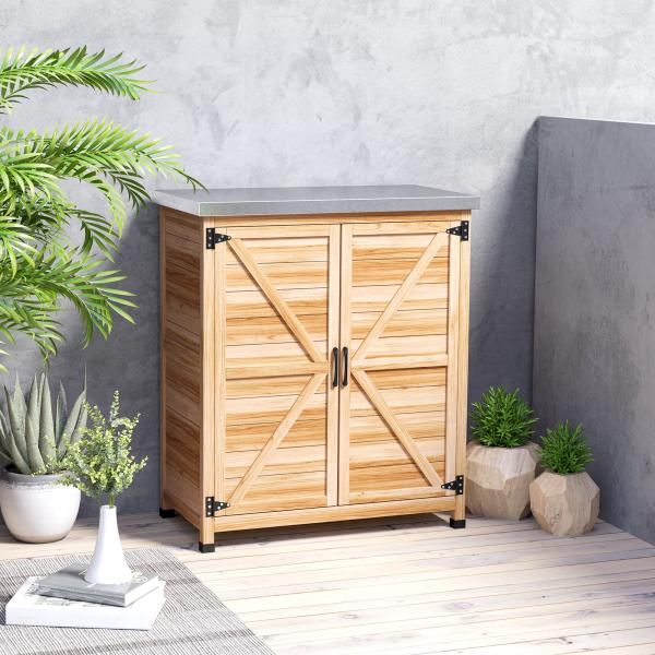 Armário de Exterior em Madeira com Tampo de Aço Galvanizado Prateleira 2 Portas para Armazenamento de Ferramentas 79x43x92 cm Madeira