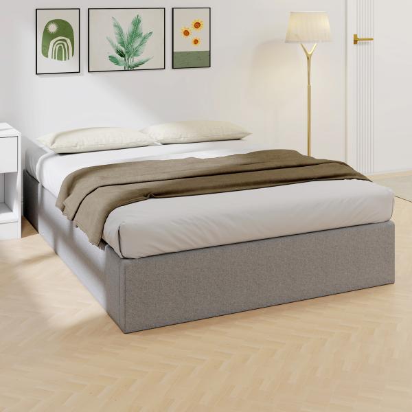 Cama de Casal 140x190 cm com Arrumação Elevatória, Estrutura com Estrado Estofada em Linho Cinzento