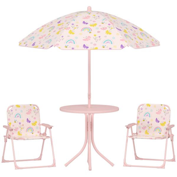 Conjunto de Mesa e Cadeiras para Crianças de Jardim com Cadeiras Dobráveis Chapéu de Sol Ajustável e Desenho de Raposas Rosa
