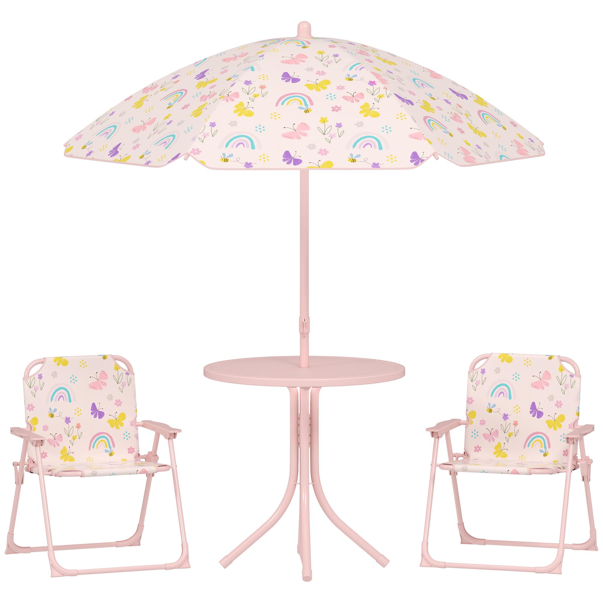 Conjunto de Mesa e Cadeiras para Crianças de Jardim com Cadeiras Dobráveis Chapéu de Sol Ajustável e Desenho de Raposas Rosa