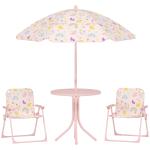 Conjunto de Mesa e Cadeiras para Crianças de Jardim com Cadeiras Dobráveis Chapéu de Sol Ajustável e Desenho de Raposas Rosa