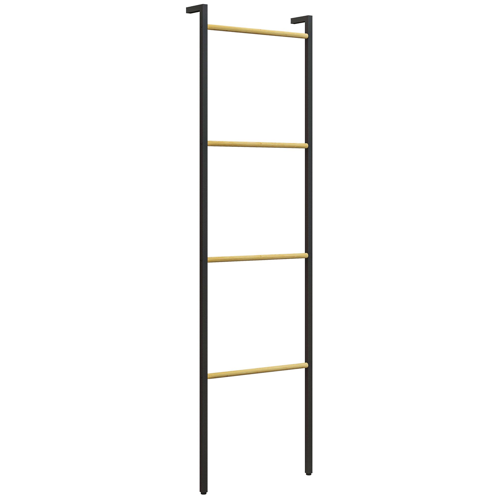 Toalheiro de 4 Níveis Toalheiro Casa de Banho com 4 Barras de Bambu e Estrutura de Aço 49x5,5x167,5 cm Preto e Madeira