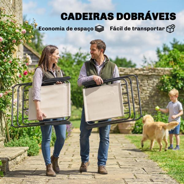 Conjunto de Mesa e Cadeiras de Jardim de 8 Peças com Chapéu de Sol 6 Cadeiras Dobráveis e Mesa de Vidro Creme e Cinza