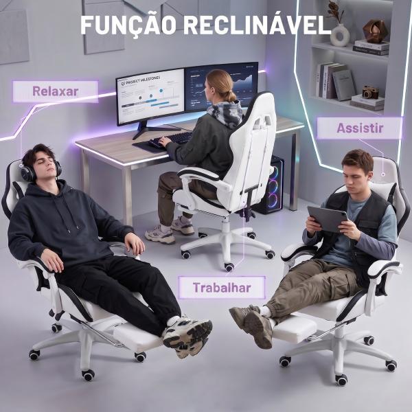 Cadeira Gaming de Couro PU com Altura Ajustável Reclinável 135° e Apoio para os Pés Retrátil 65x65x121 - 129 cm Branco e Preto
