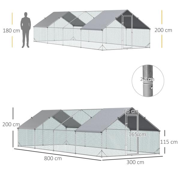 Galinheiro Exterior Grande 24 m² Gaiola para 16 - 24 Galinhas 3x8x2 m Galinheiro de Aço Galvanizado com Cobertura de PE e Porta com Fecho para Patos e Coelhos Prateado