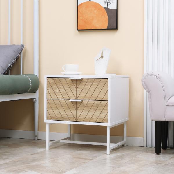 Mesa de Cabeceira com 2 Gavetas Mesa Auxiliar com Pés de Aço para Sala de Estar Dormitório 45x39x48cm Carvalho e Branco