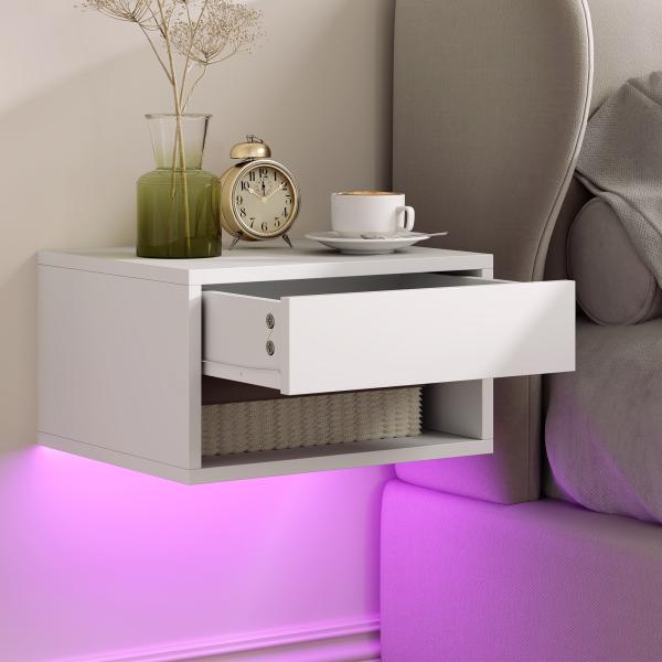 Conjunto de 2 Mesas de Cabeceira Flutuantes com Luzes LED RGB Controlo por APP e Prateleira Aberta 37x32x21 cm Branco