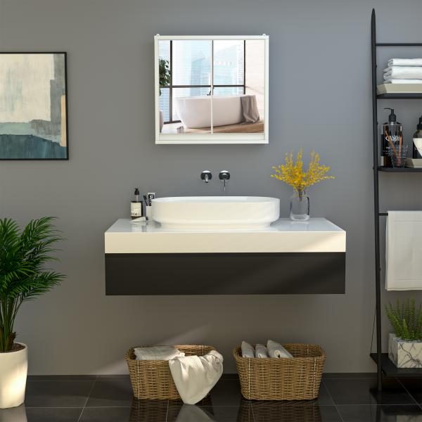 Armário de Casa de Banho com Espelho Móvel Suspenso de Casa de Banho com Prateleira Interior Ajustável 48x14,5x45 cm Branco