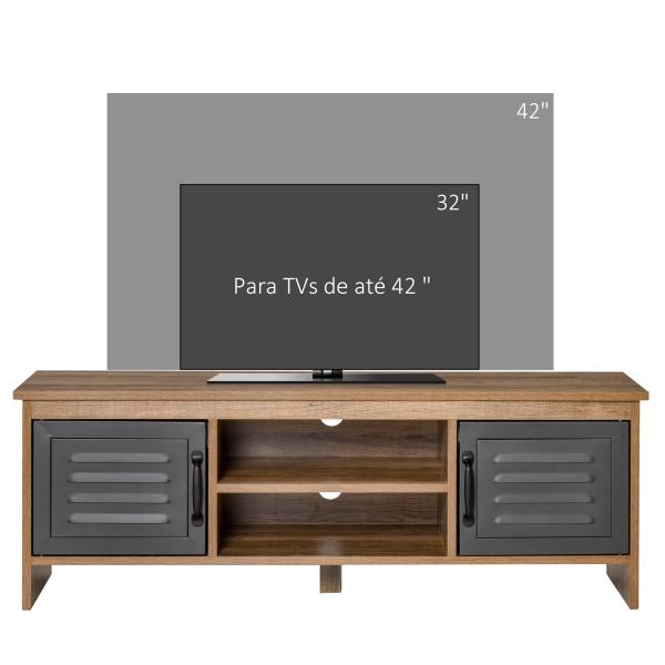 Armário de TV para televisores de 42"com 2 compartimentos fechados com portas de metal e 2 estantes 109x35x38 cm Madeira natural e cinza