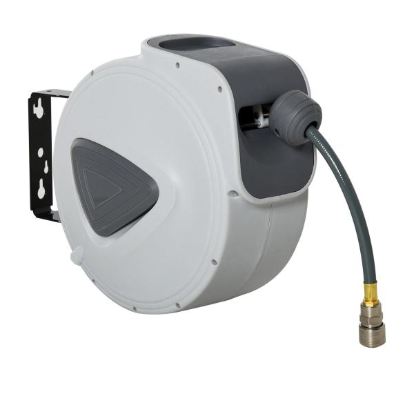 Carretel de Mangueira de Ar Comprimido Automático de 15m Conector de 1/4'' BSP com Suporte para Parede Giratório 180° Diámetro Interno 3/8'' (9,5x15 mm) Cinza