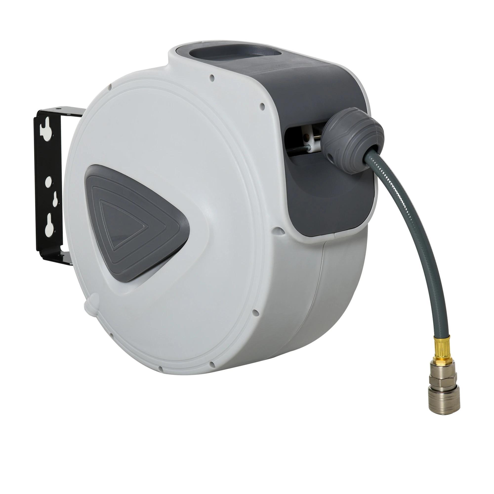 Carretel de Mangueira de Ar Comprimido Automático de 15m Conector de 1/4'' BSP com Suporte para Parede Giratório 180° Diámetro Interno 3/8'' (9,5x15 mm) Cinza