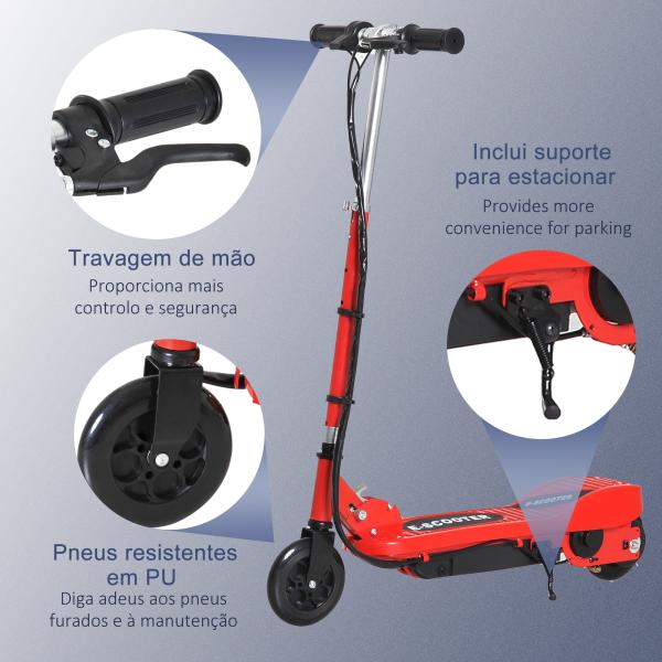 Trotinete Elétrica para Crianças + 7 Anos trotinete Dobrável com Altura Ajustável Bateria Recarregável 24V Velocidade até 12 km/h e Carga 50 kg 74x36x73 - 91 cm Vermelho