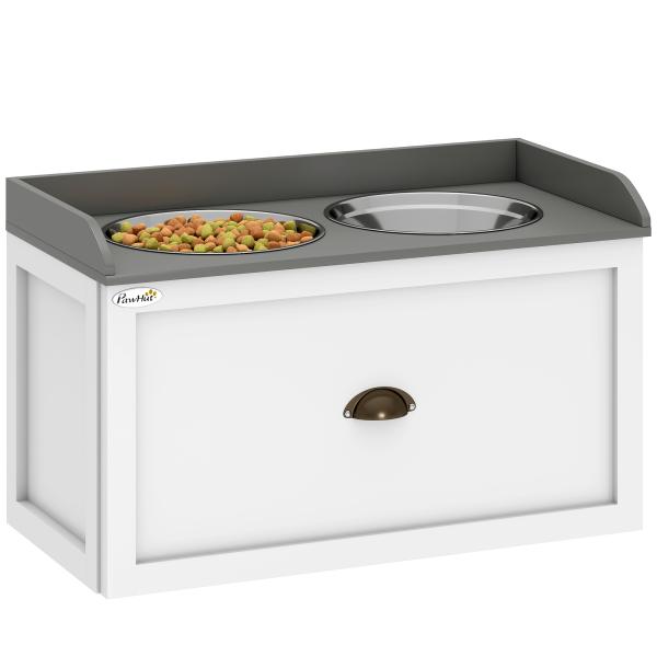 Comedouro Elevado para Cães com 2 Tigelas 2000ml de Aço Inoxidável Gaveta Oculta com Suporte de Madeira 60x30x36cm Branco