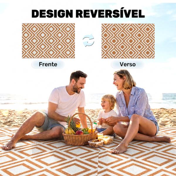 Tapete de Exterior Reversível de Plástico Impermeável para para Varanda Pátio Campismo Praia 182x274cm Marrom e Branco
