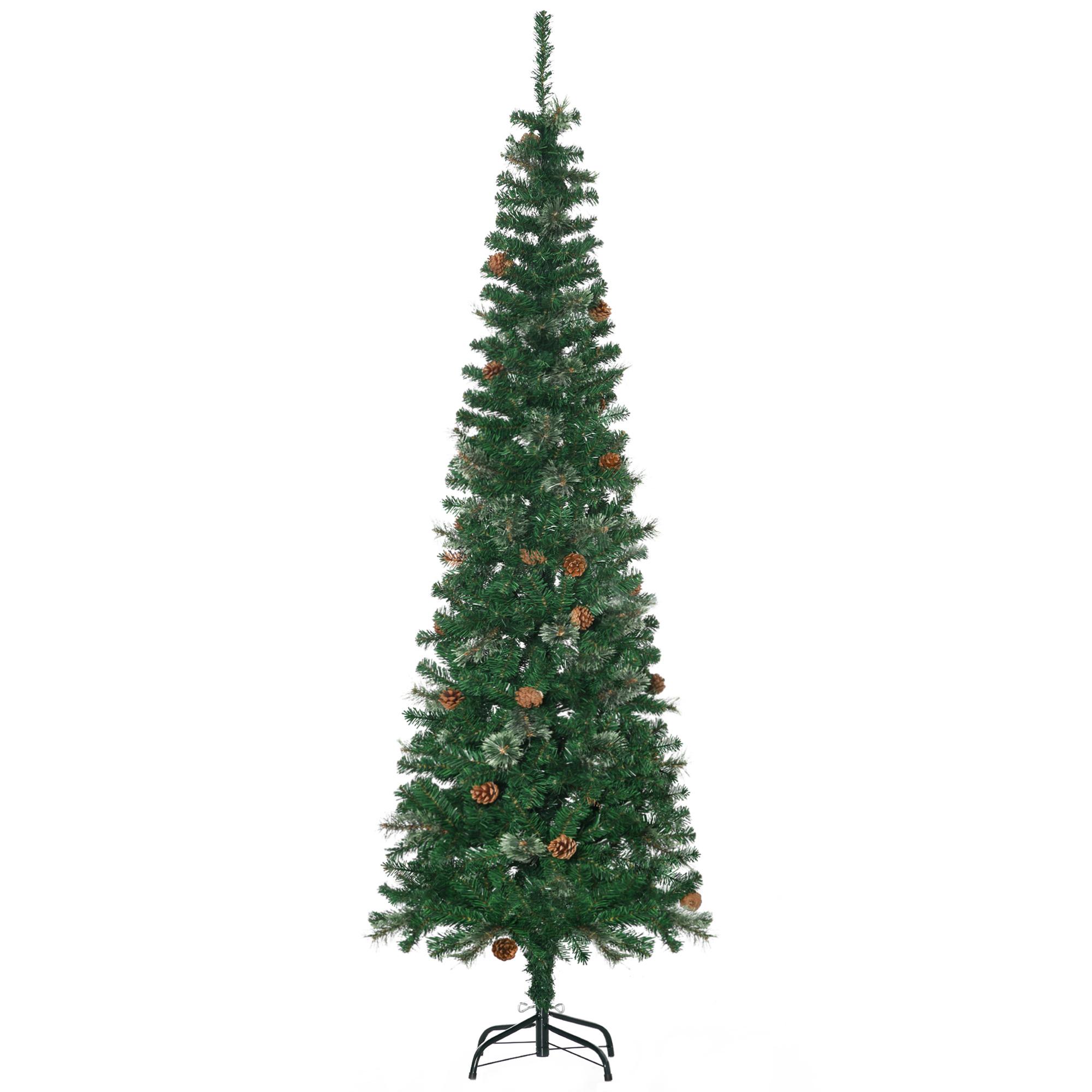 Árvore de Natal Artificial 195 cm Árvore de Natal com 556 Ramos Árvore de Natal Slim com 25 Pinhas Base Dobrável Ø54x195 cm Verde