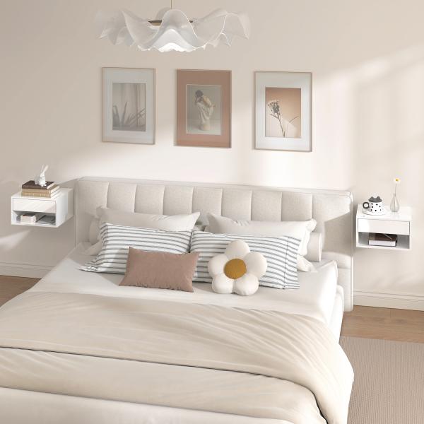 Conjunto de Mesas de Cabeceira Suspensas com Gaveta e Prateleira Aberta 37x32x21 cm Branco Brilhante